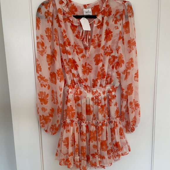Misa Los Angeles Lorena Long Sleeve Mini Dress Orange Floral Ruffle Chiffon XS - Picture 5 of 10